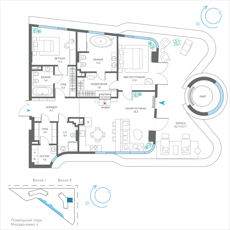 3-комнатная квартира 134.6 м² Остров
