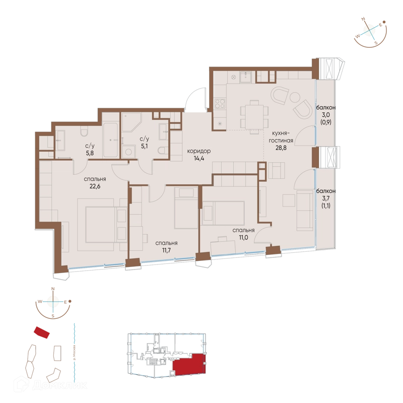 3-комнатная квартира 101.4 м² Остров