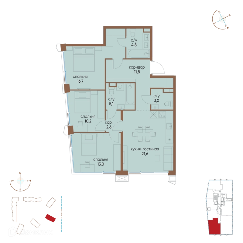 3-комнатная квартира 88.8 м² Остров