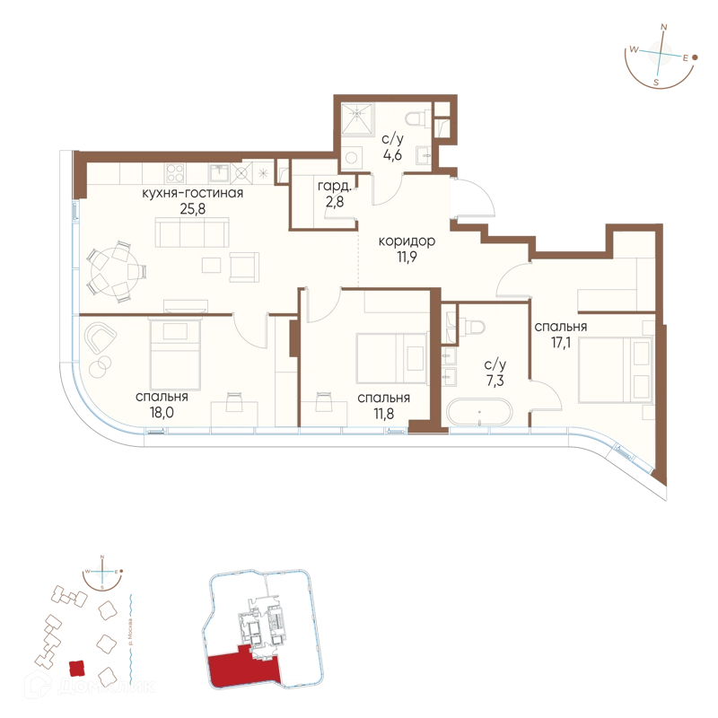 3-комнатная квартира 99.3 м² Остров
