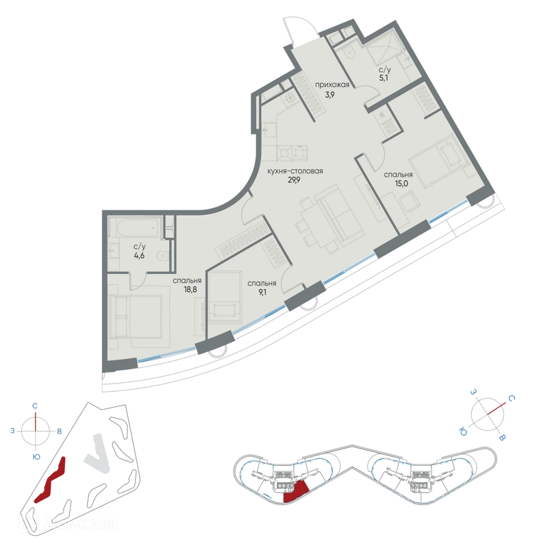 3-комнатная квартира 86.4 м² Остров