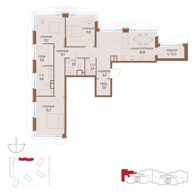 3-комнатная квартира 98.4 м² Остров