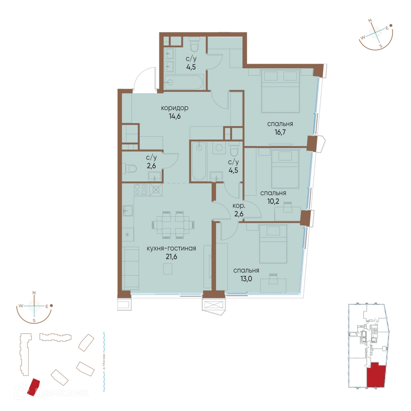 3-комнатная квартира 90.3 м² Остров