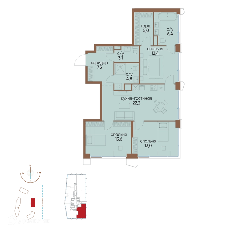 3-комнатная квартира 88 м² Остров