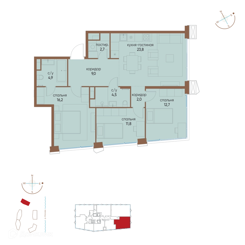 3-комнатная квартира 87.6 м² Остров