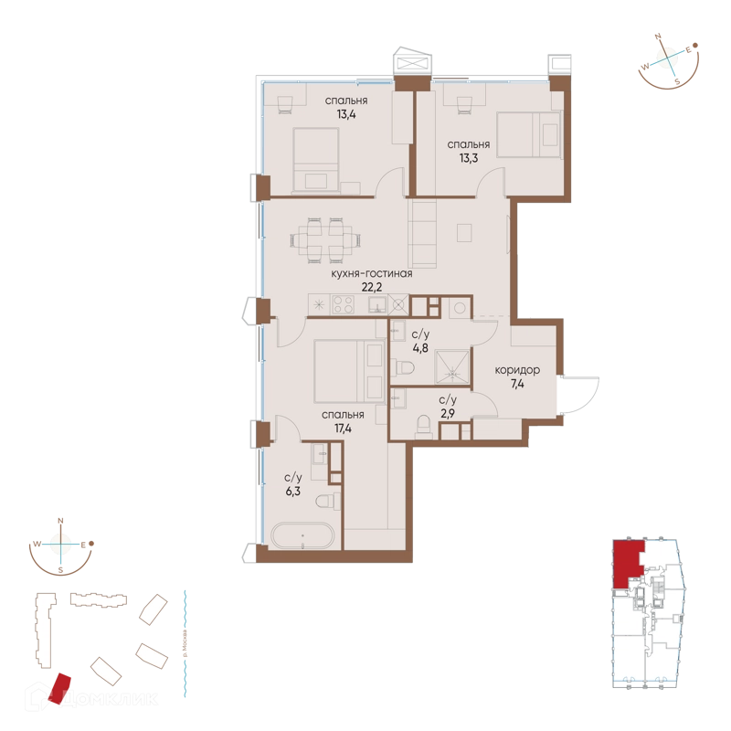 3-комнатная квартира 87.7 м² Остров