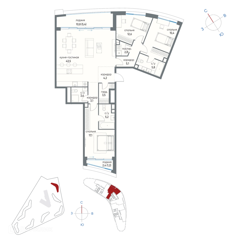 3-комнатная квартира 128.5 м² Остров