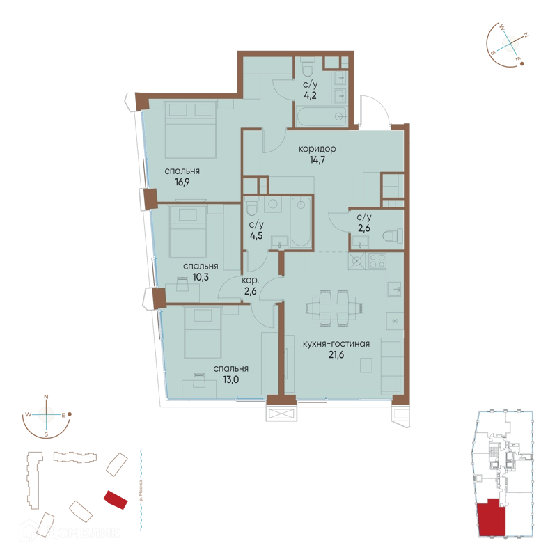 3-комнатная квартира 90.4 м² Остров