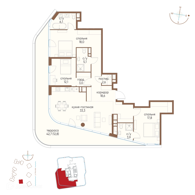 3-комнатная квартира 133.3 м² Остров