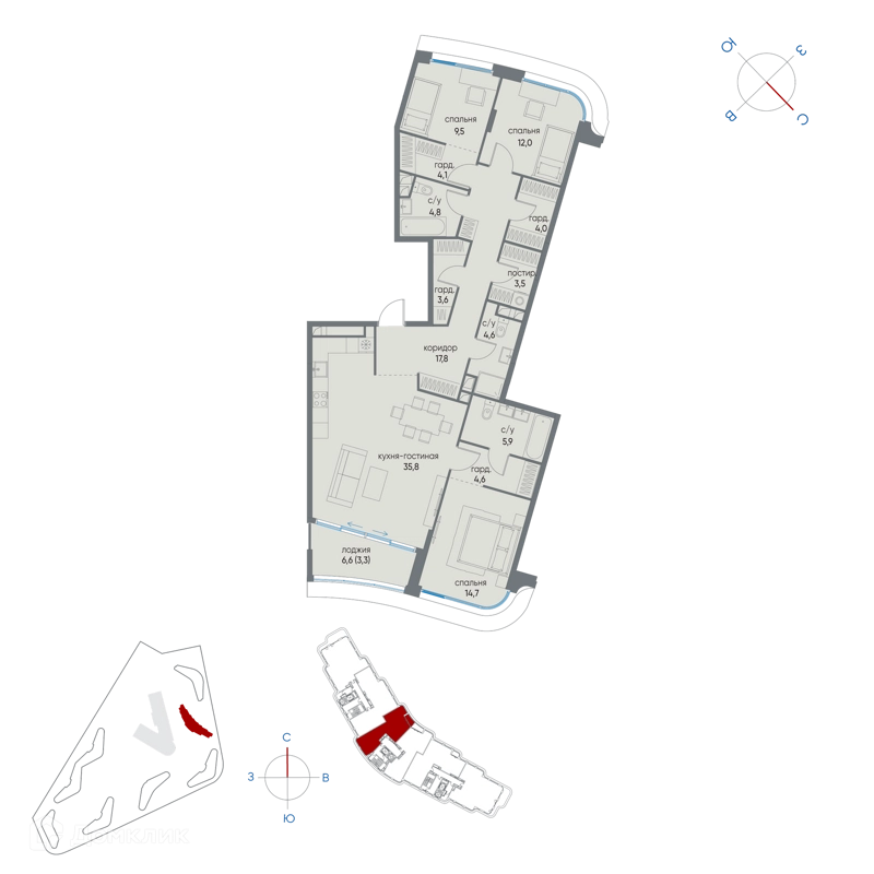 3-комнатная квартира 128.2 м² Остров
