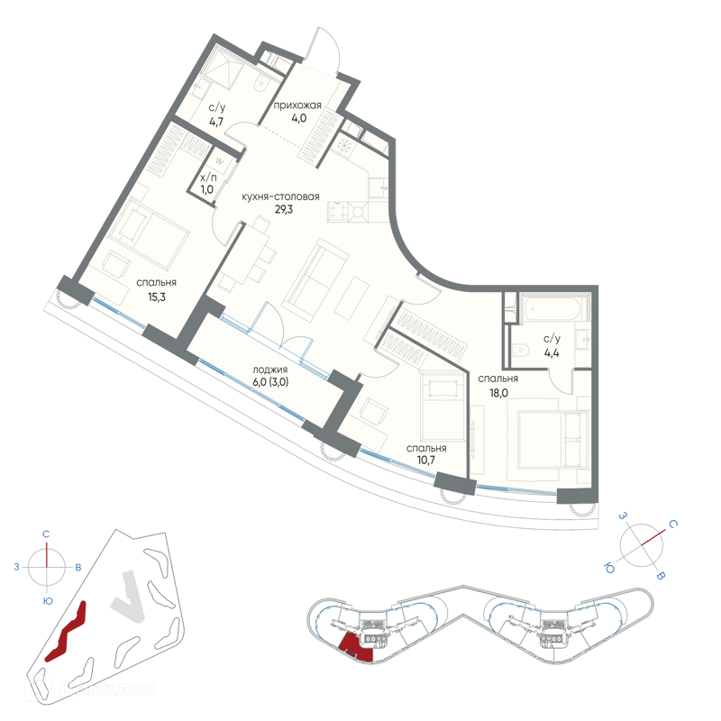 3-комнатная квартира 90.4 м² Остров
