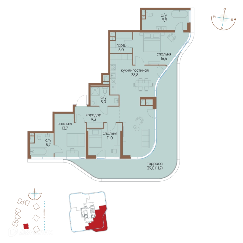 3-комнатная квартира 126.5 м² Остров