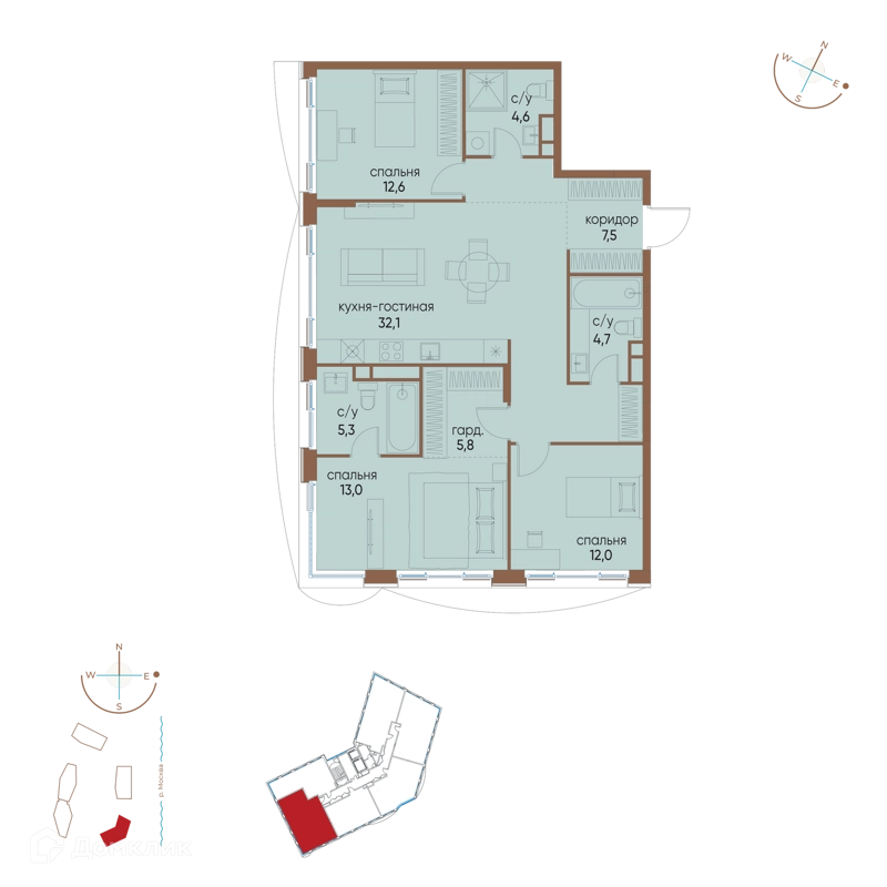 3-комнатная квартира 97.6 м² Остров