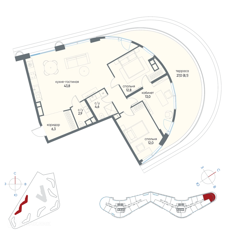 3-комнатная квартира 103.5 м² Остров