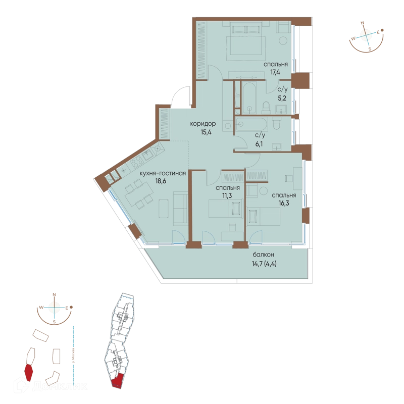 3-комнатная квартира 94.7 м² Остров