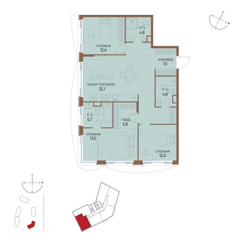 3-комнатная квартира 98.3 м² Остров