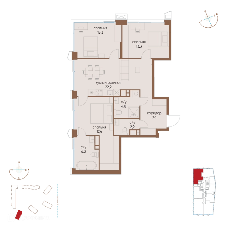 3-комнатная квартира 87.6 м² Остров