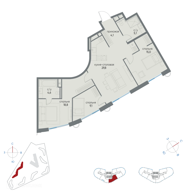 3-комнатная квартира 86.5 м² Остров