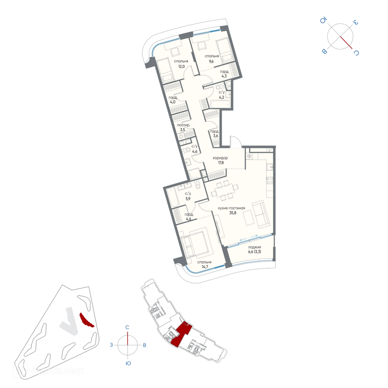 3-комнатная квартира 127.9 м² Остров