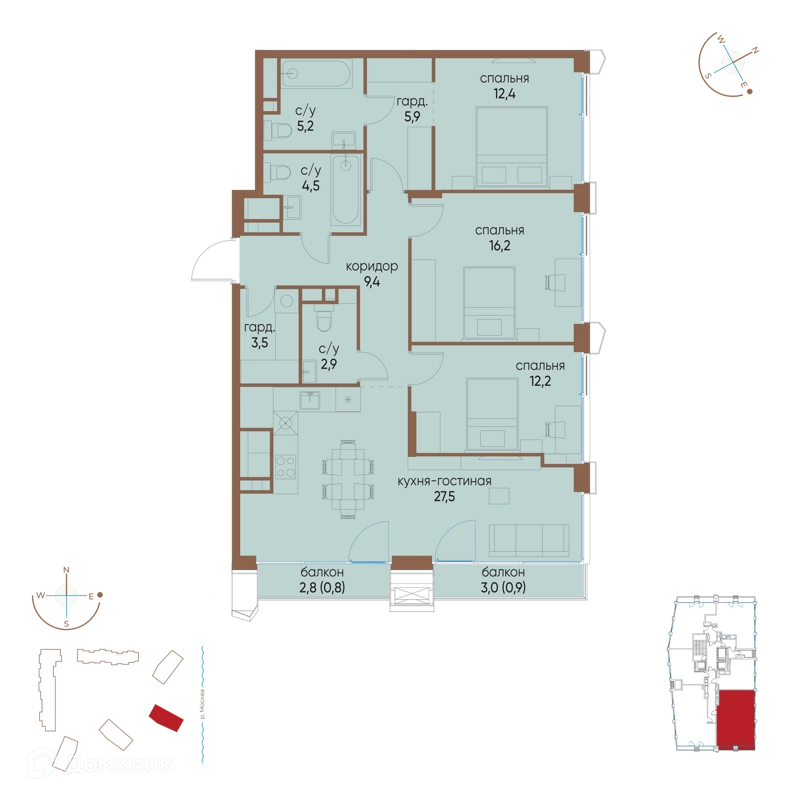 3-комнатная квартира 101.4 м² Остров