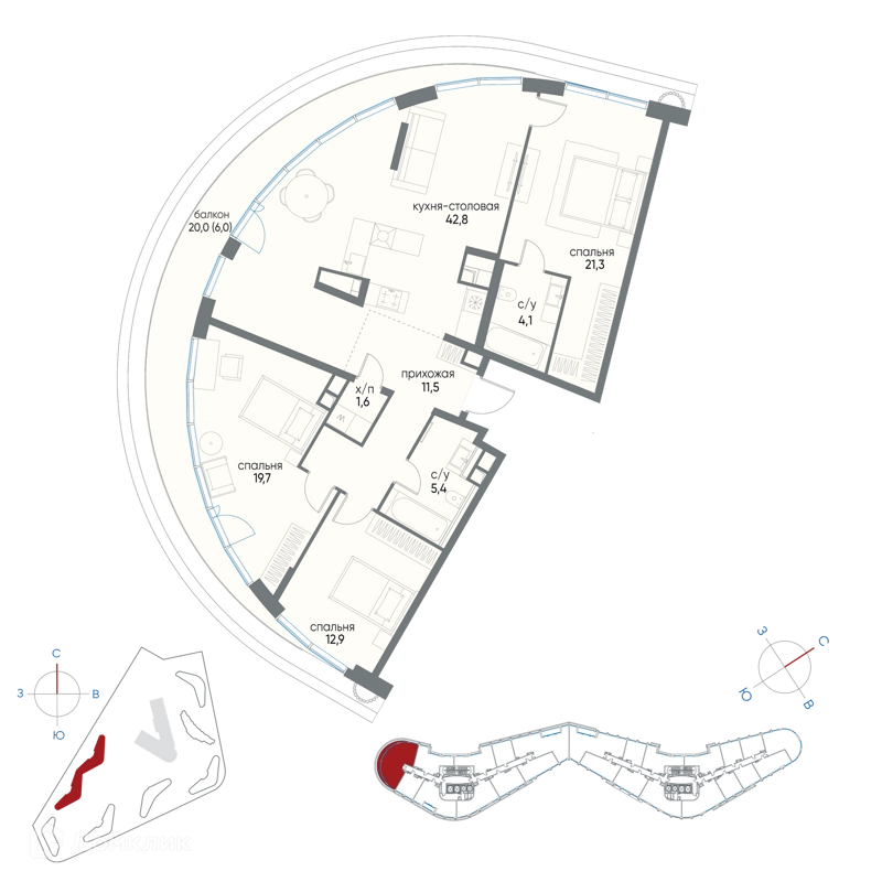 3-комнатная квартира 125.3 м² Остров