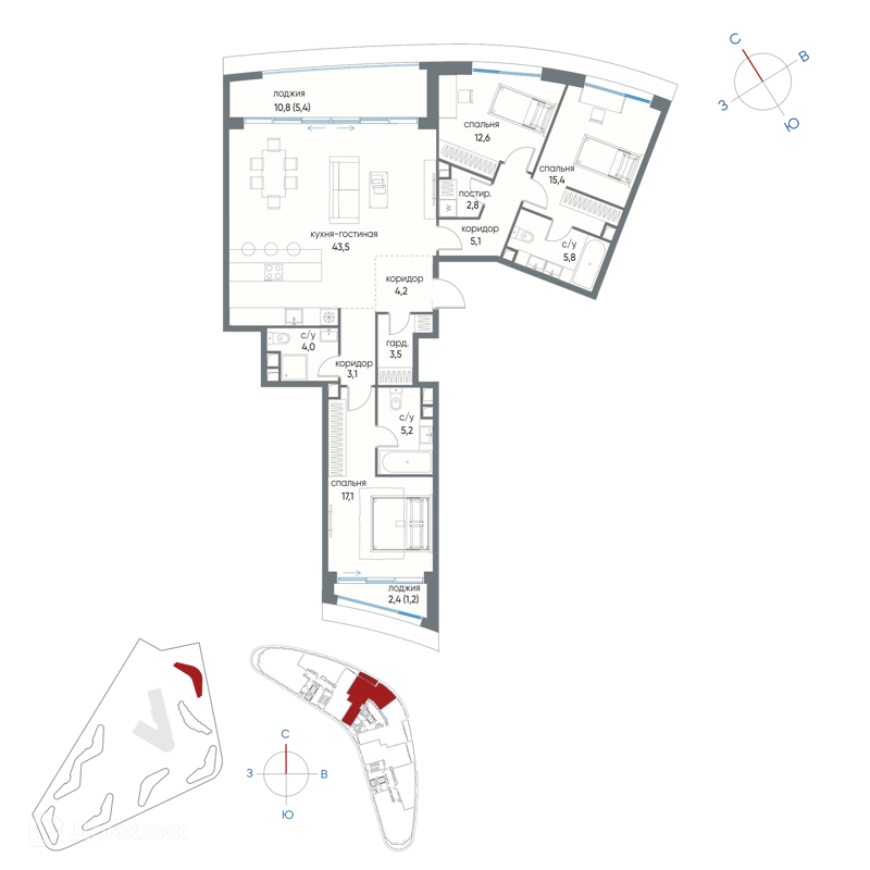 3-комнатная квартира 128.9 м² Остров