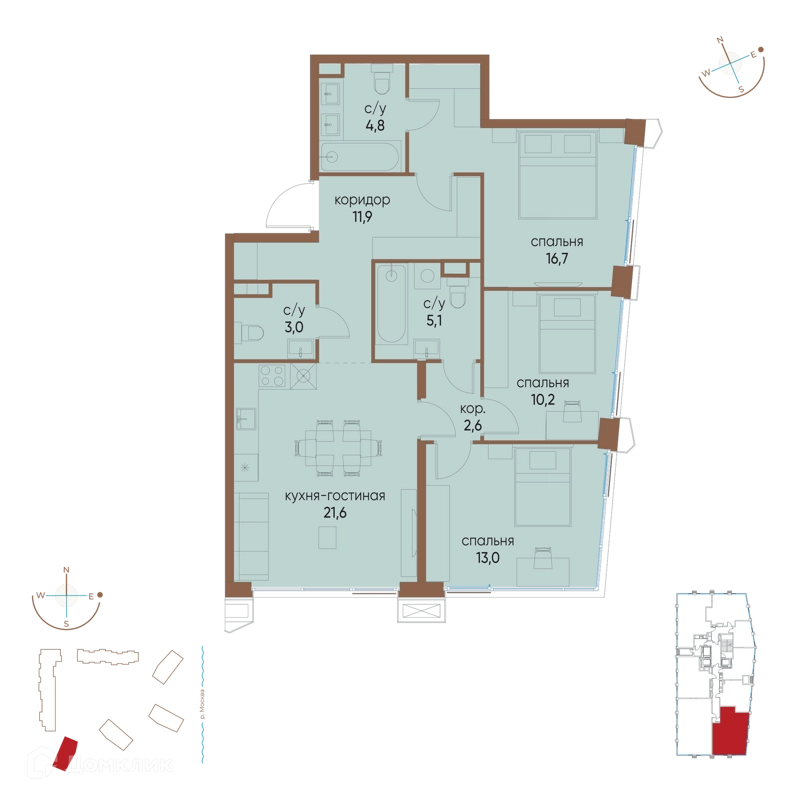 3-комнатная квартира 88.9 м² Остров