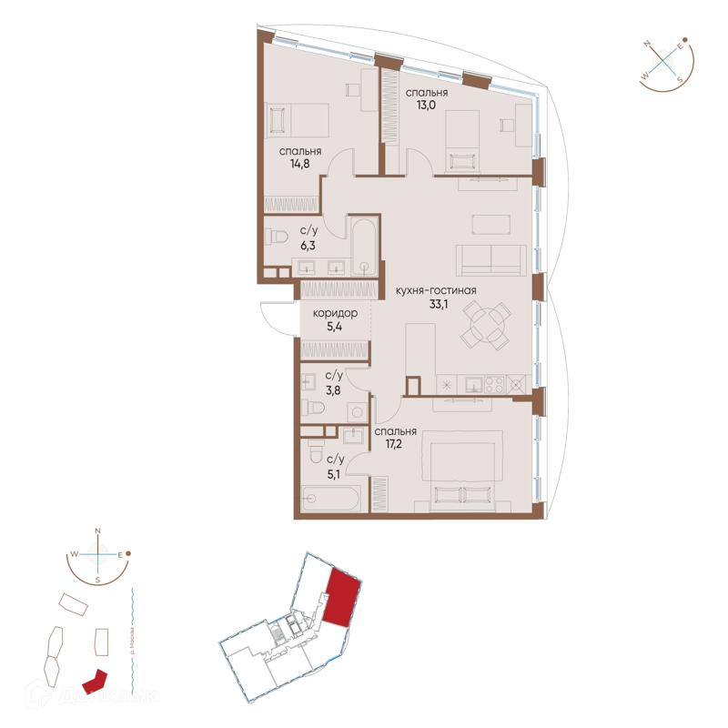 3-комнатная квартира 98.7 м² Остров