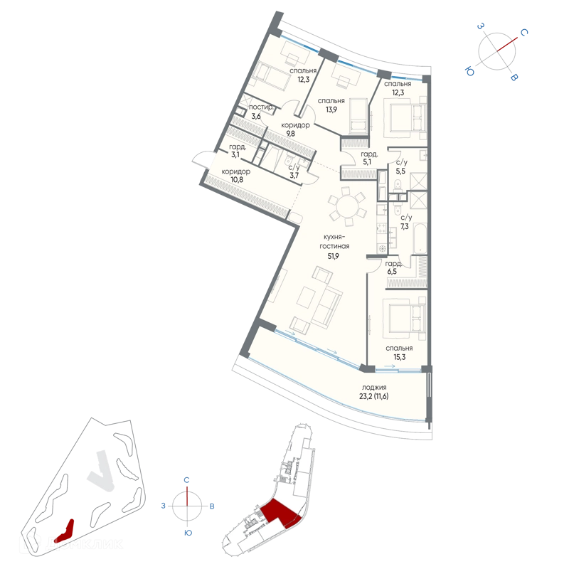 4-комнатная квартира 172.7 м² Остров