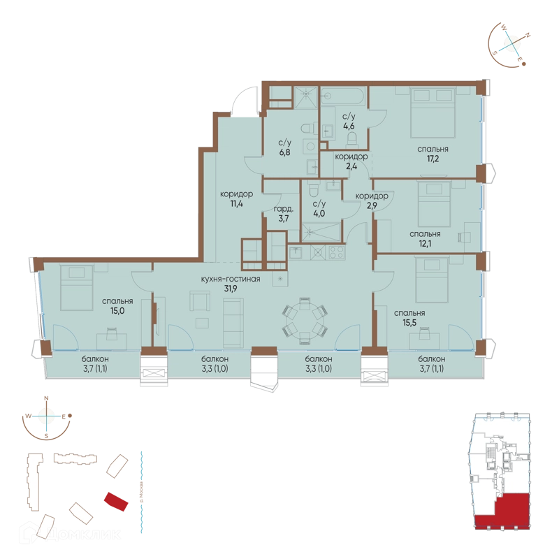 4-комнатная квартира 131.7 м² Остров