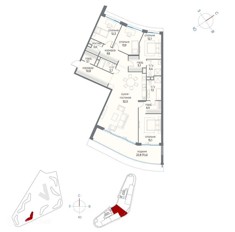 4-комнатная квартира 172.4 м² Остров