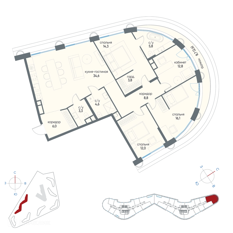 4-комнатная квартира 124.7 м² Остров