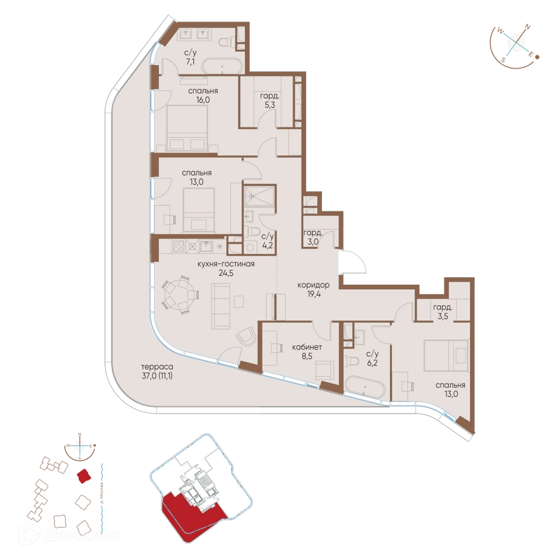 4-комнатная квартира 134.8 м² Остров