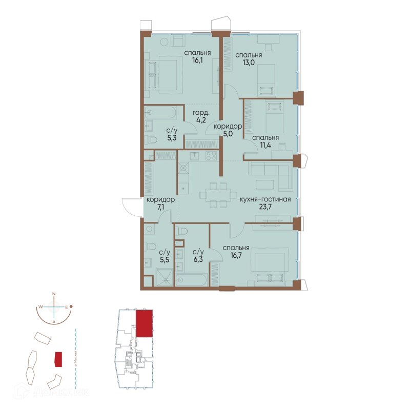 4-комнатная квартира 114.3 м² Остров