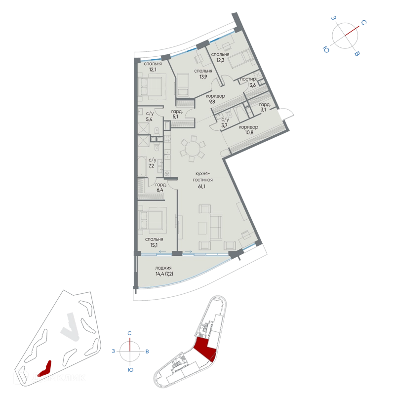4-комнатная квартира 176.8 м² Остров