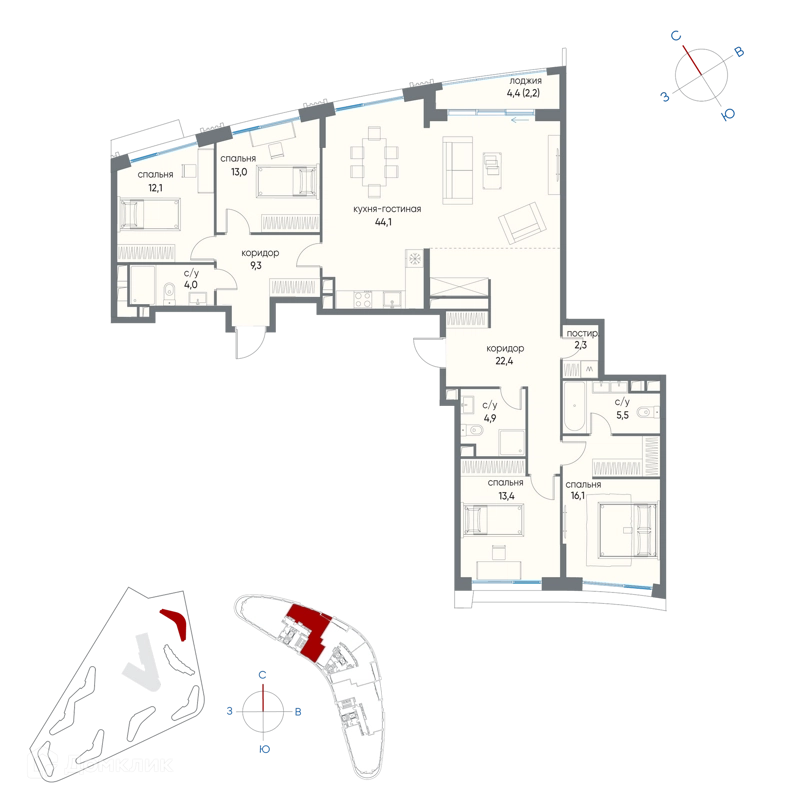 5-комнатная квартира 149.3 м² Остров