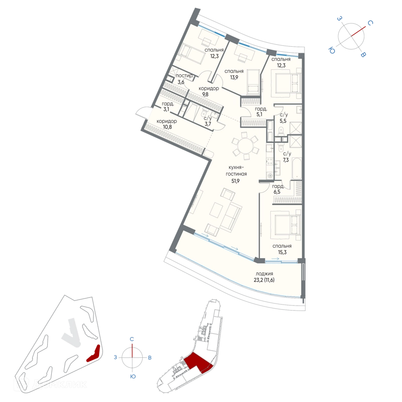 5-комнатная квартира 172.7 м² Остров