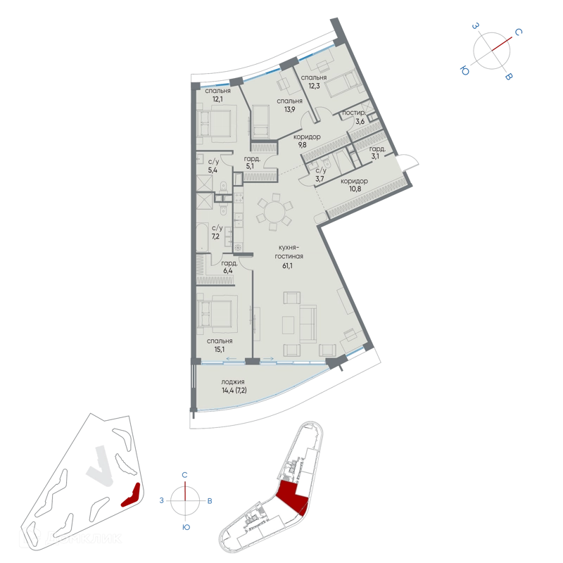 5-комнатная квартира 176.8 м² Остров