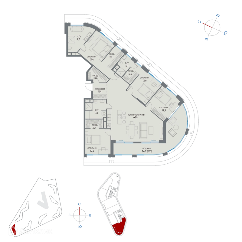 5-комнатная квартира 155.7 м² Остров