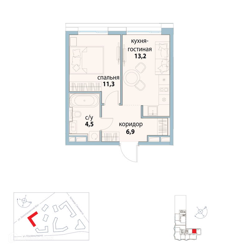 1-комнатная квартира 35.9 м² Символ