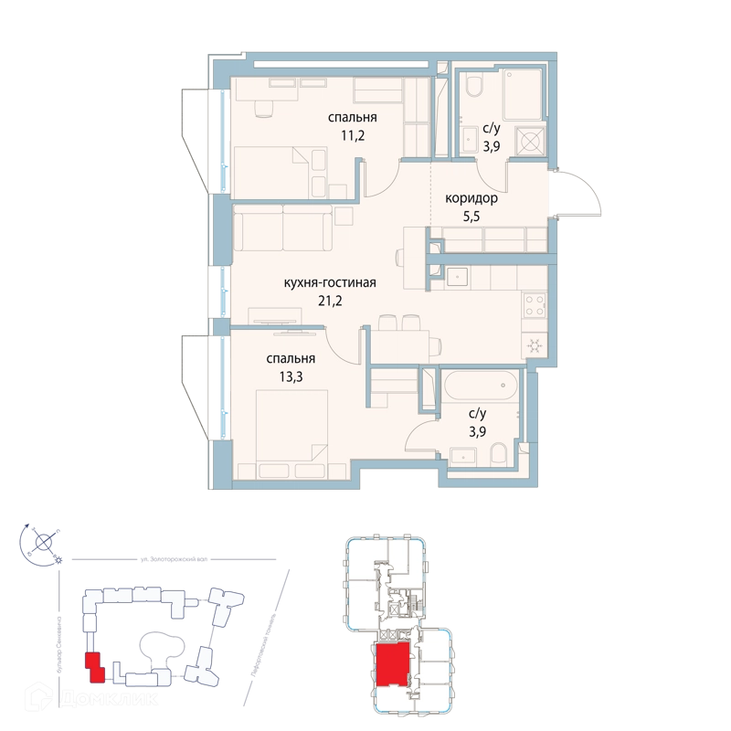 2-комнатная квартира 59 м² Символ