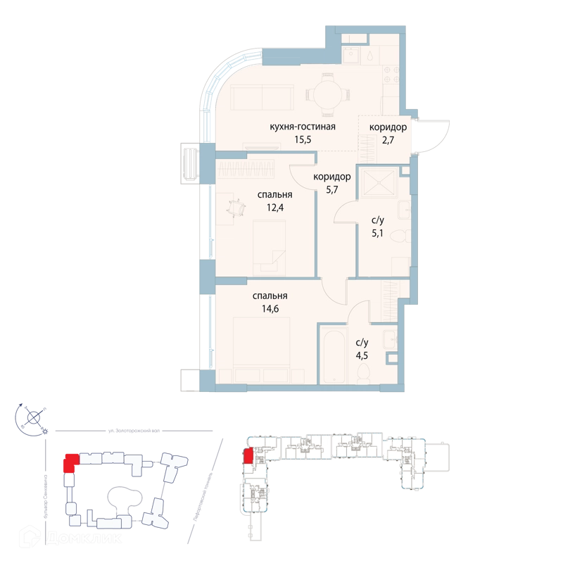 2-комнатная квартира 60.5 м² Символ