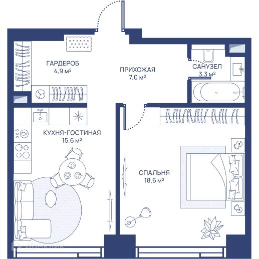 1-комнатная квартира 49.4 м² СВЕТ