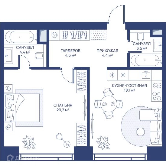 1-комнатная квартира 55.3 м² СВЕТ