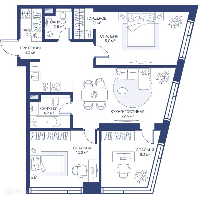3-комнатная квартира 74.4 м² СВЕТ