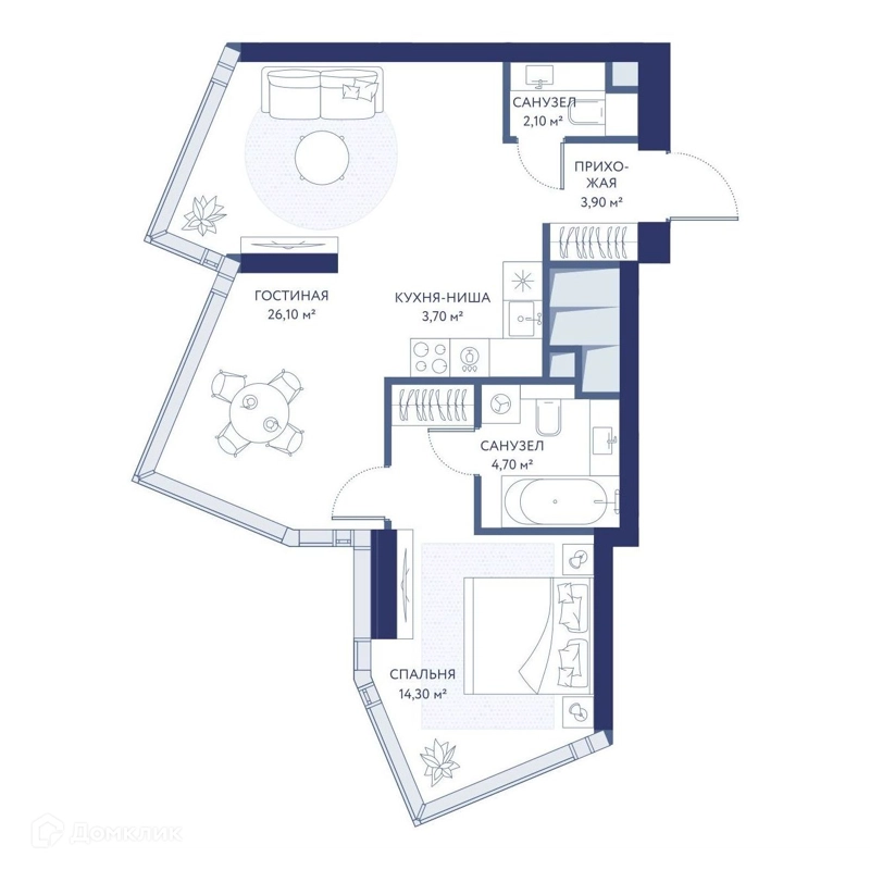 1-комнатная квартира 54.8 м² ХАЙДАУТ