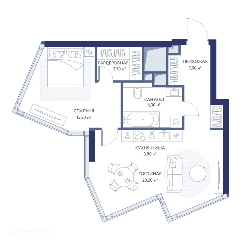 1-комнатная квартира 56.8 м² ХАЙДАУТ