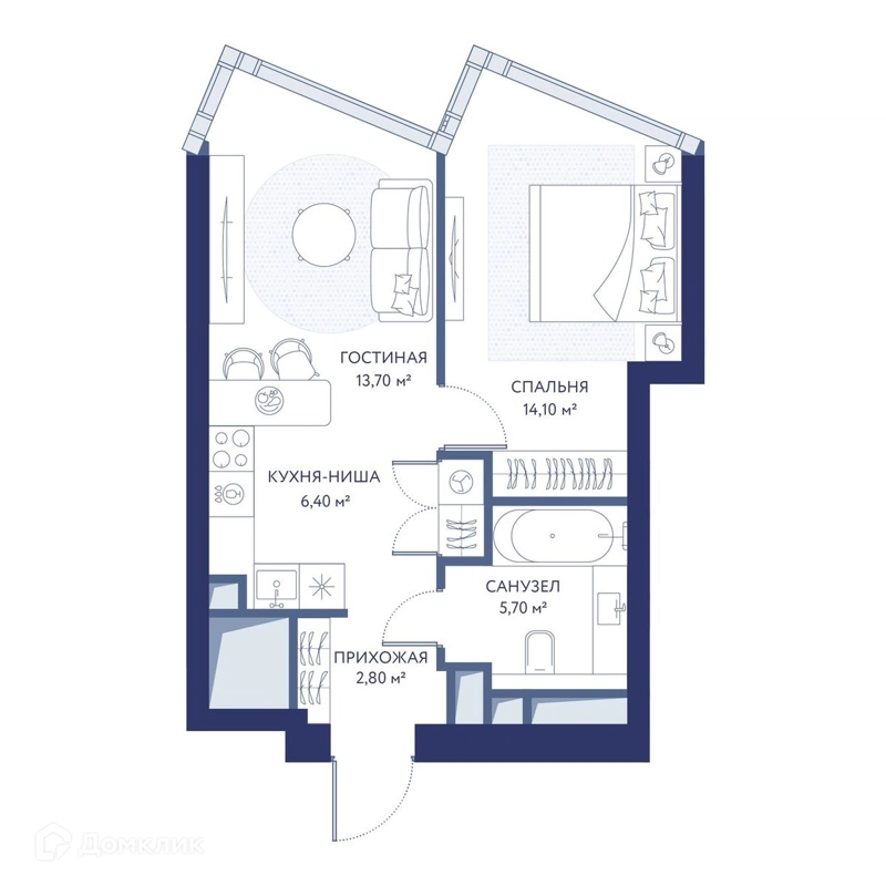 1-комнатная квартира 42.7 м² ХАЙДАУТ