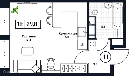 Студия 29.8 м² Пушкино Град