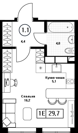 Студия 29.7 м² Пушкино Град